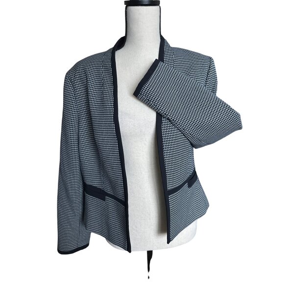Hobbs Brianna Navy Blazer Open Front Jacket White Houndstooth Defined Waist 12 - Picture 2 of 7